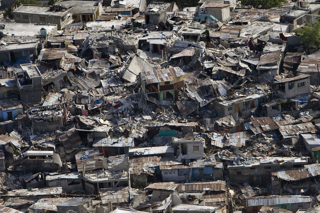 A poor neighbourhood shows the damage after an earthquake measuring 7 plus on the Richter scale rocked Port au Prince Haiti just before 5 pm, January 12, 2009.
